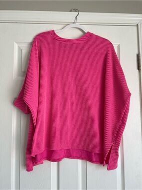 Relaxed Ribbed Knit Blouse in Hot Pink
